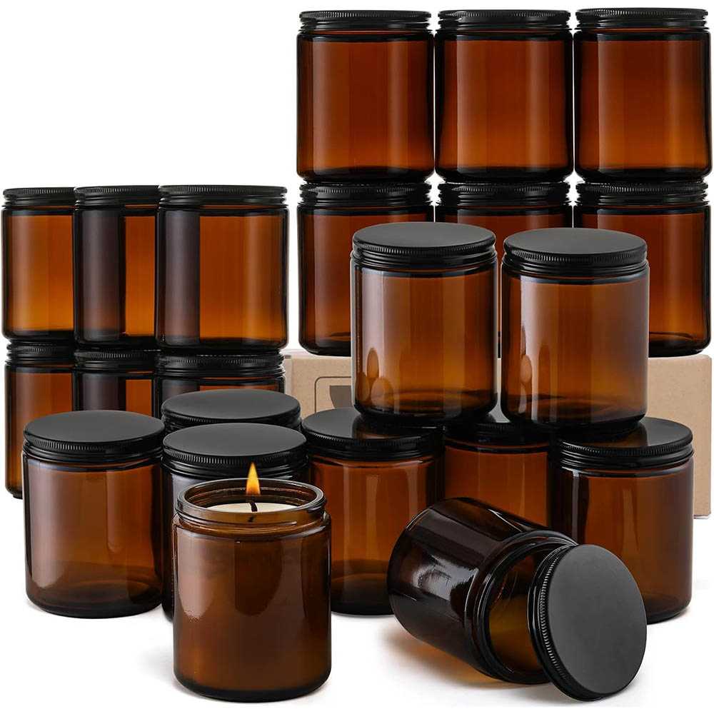 Candle Supplies Glass Jars - 8oz Amber Cam Kavanozlar Siyah Kapaklı
